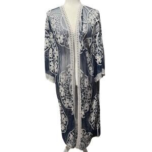 Sheer Embroidered Lace Kimono Navy & Ivory-One Size- Boho Coastal Layer